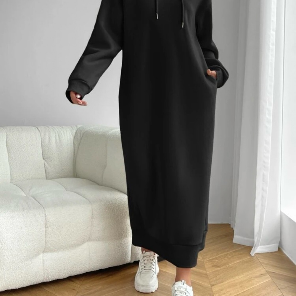 SHEIN Essnce Slant Pocket Drop Shoulder Drawstring Hoodie Dress